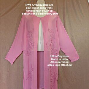 NWT Anthony Original pink sheer open front tunic cover up, Sequins & Embroidery